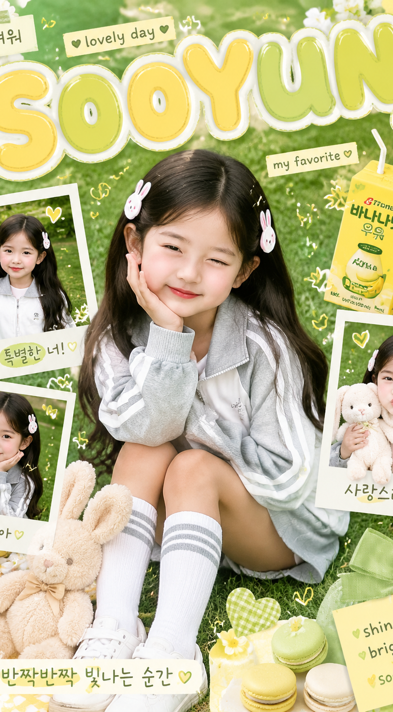 Kawaii scrapbook-style children photography poster, cute little girl with long b