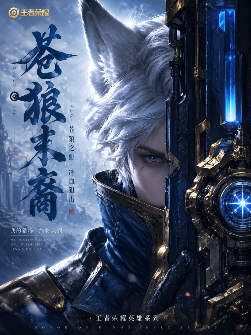 A high-end game character promo poster, vertical composition, ultra-close-up hal