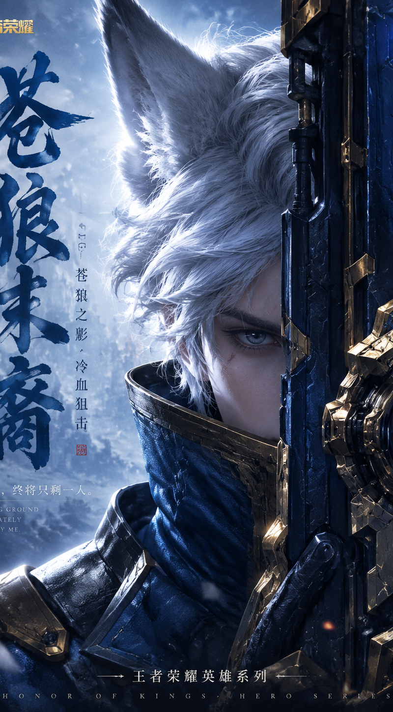 A high-end game character promo poster, vertical composition, ultra-close-up hal