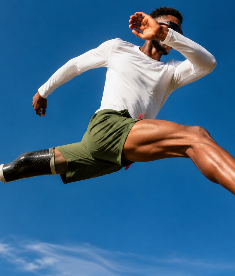 Dynamic low-angle action shot of an athletic dark-skinned man captured mid-strid