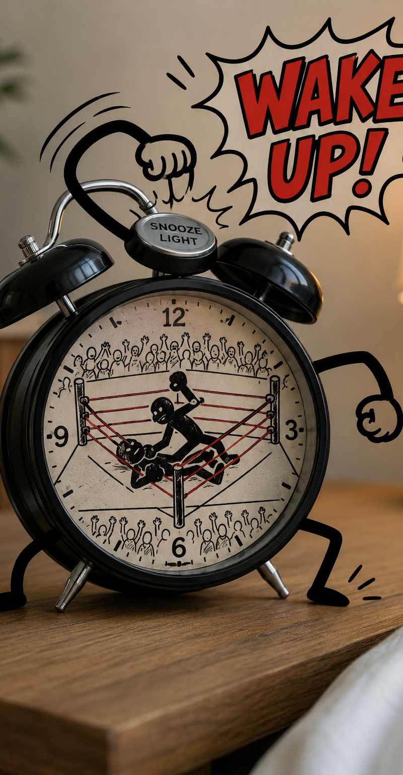 Photo of an alarm clock, but doodled arms and legs punching the snooze button, w