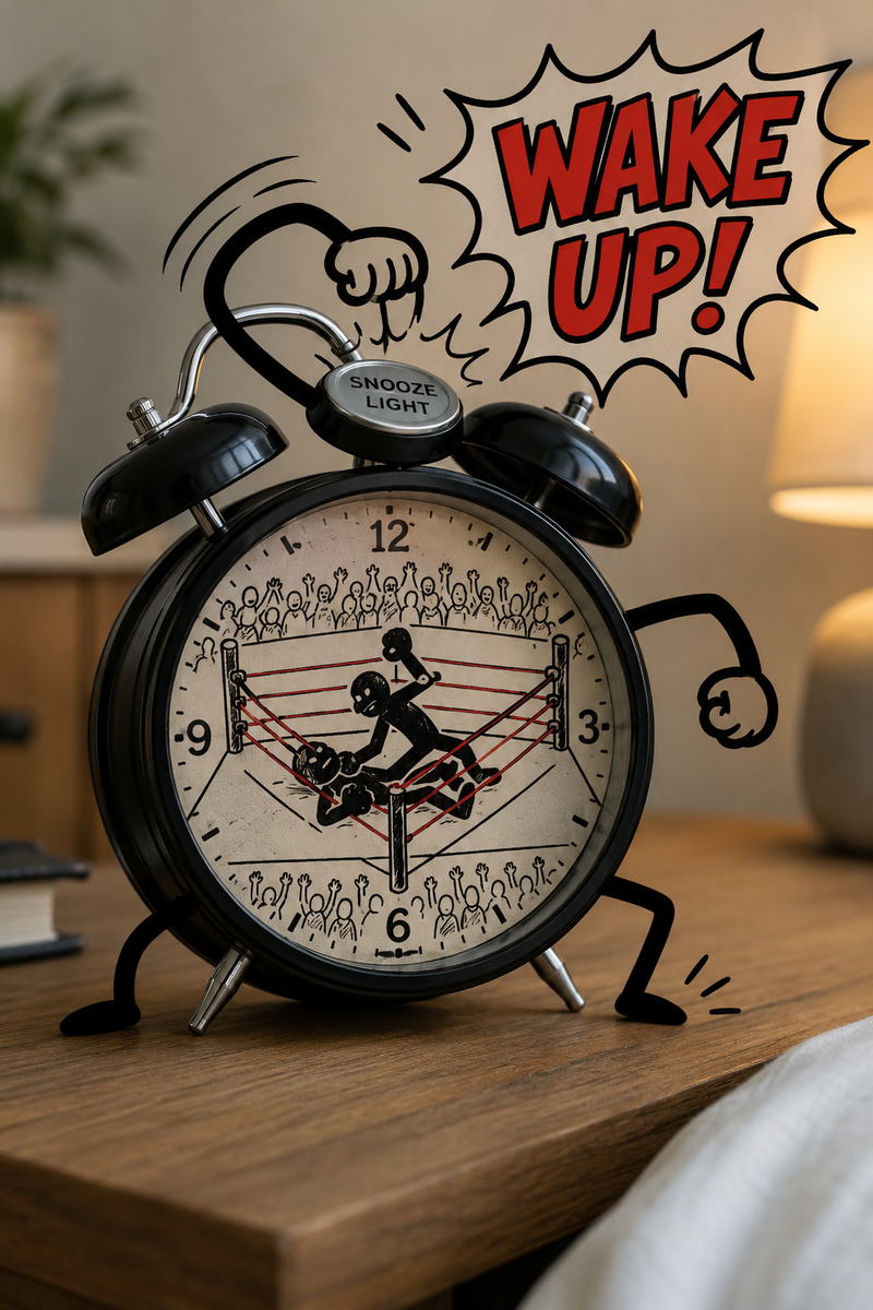 Photo of an alarm clock, but doodled arms and legs punching the snooze button, w