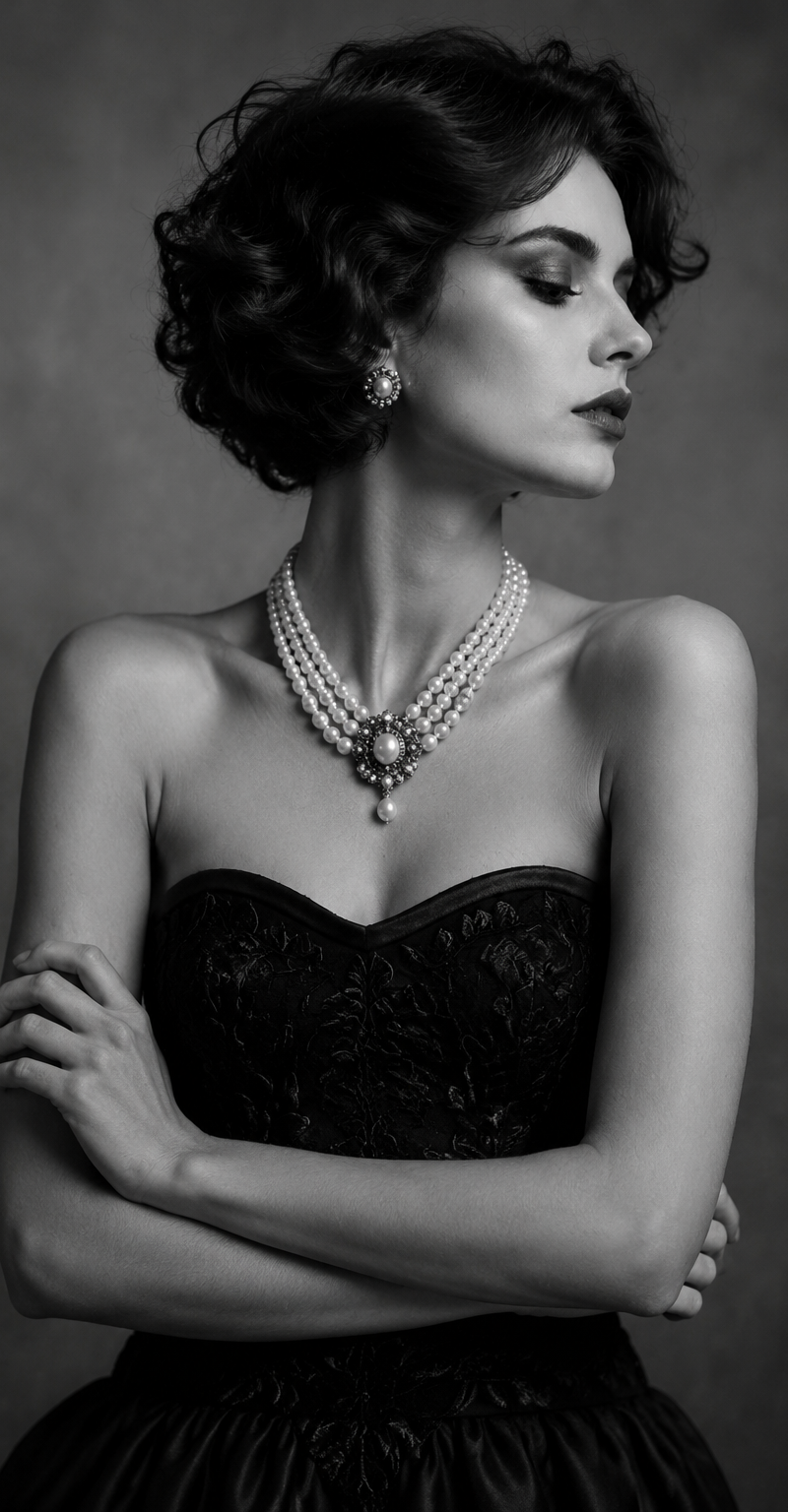 Black and white studio fashion portrait, elegant woman in a strapless black embr