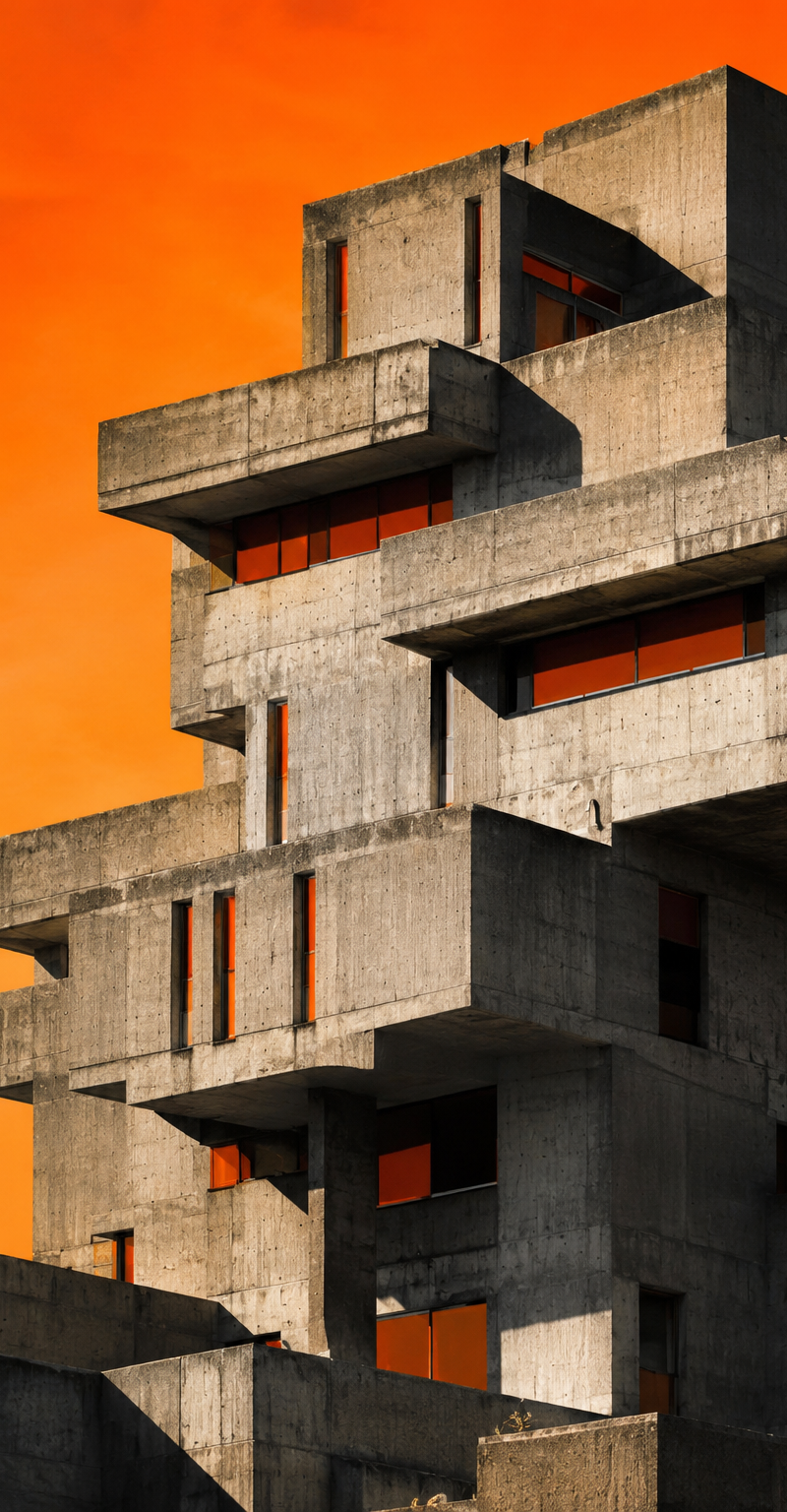 A massive brutalist concrete building with stacked geometric balconies, raw gray