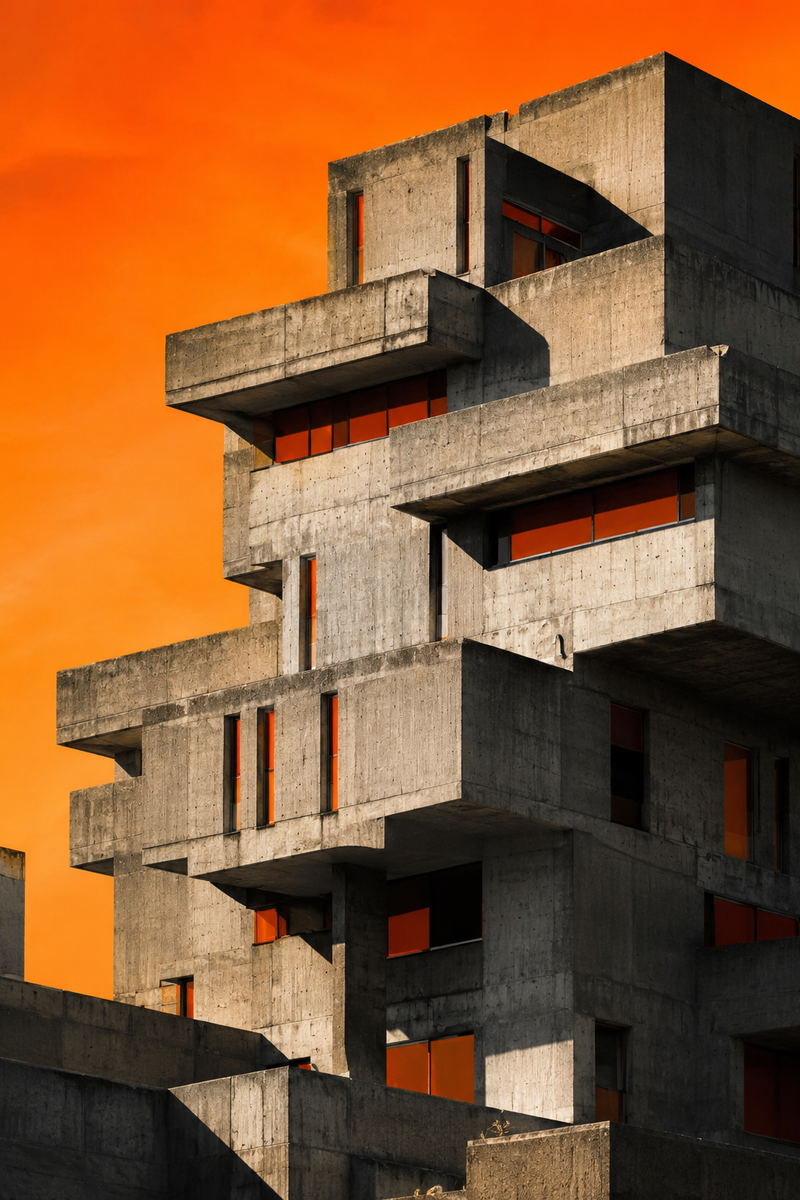 A massive brutalist concrete building with stacked geometric balconies, raw gray