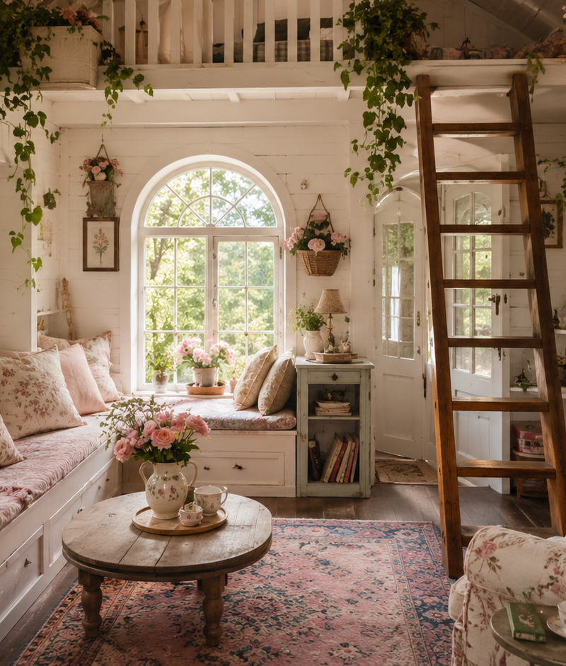 A tiny cottagecore living room filled with soft daylight, white paneled walls, a