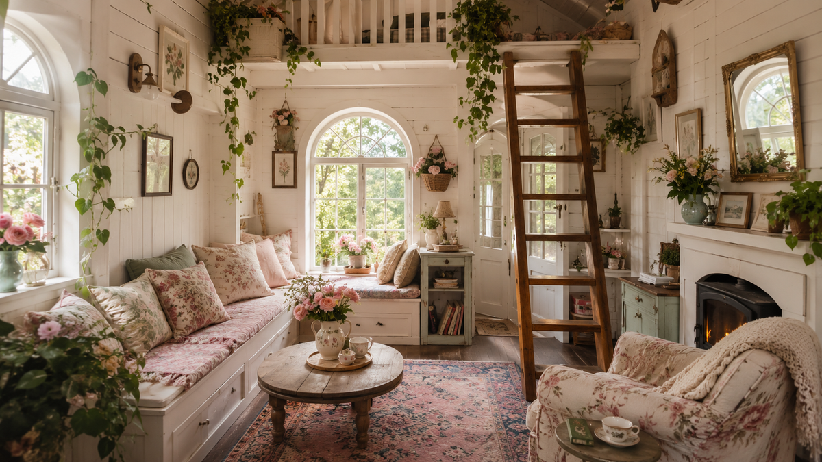 A tiny cottagecore living room filled with soft daylight, white paneled walls, a