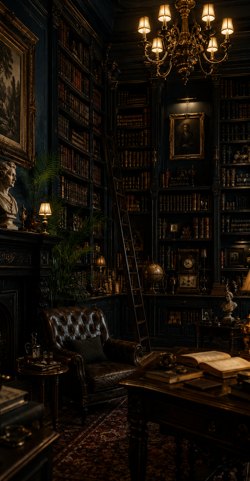 A moody dark academia home library, towering black wood bookshelves packed with 