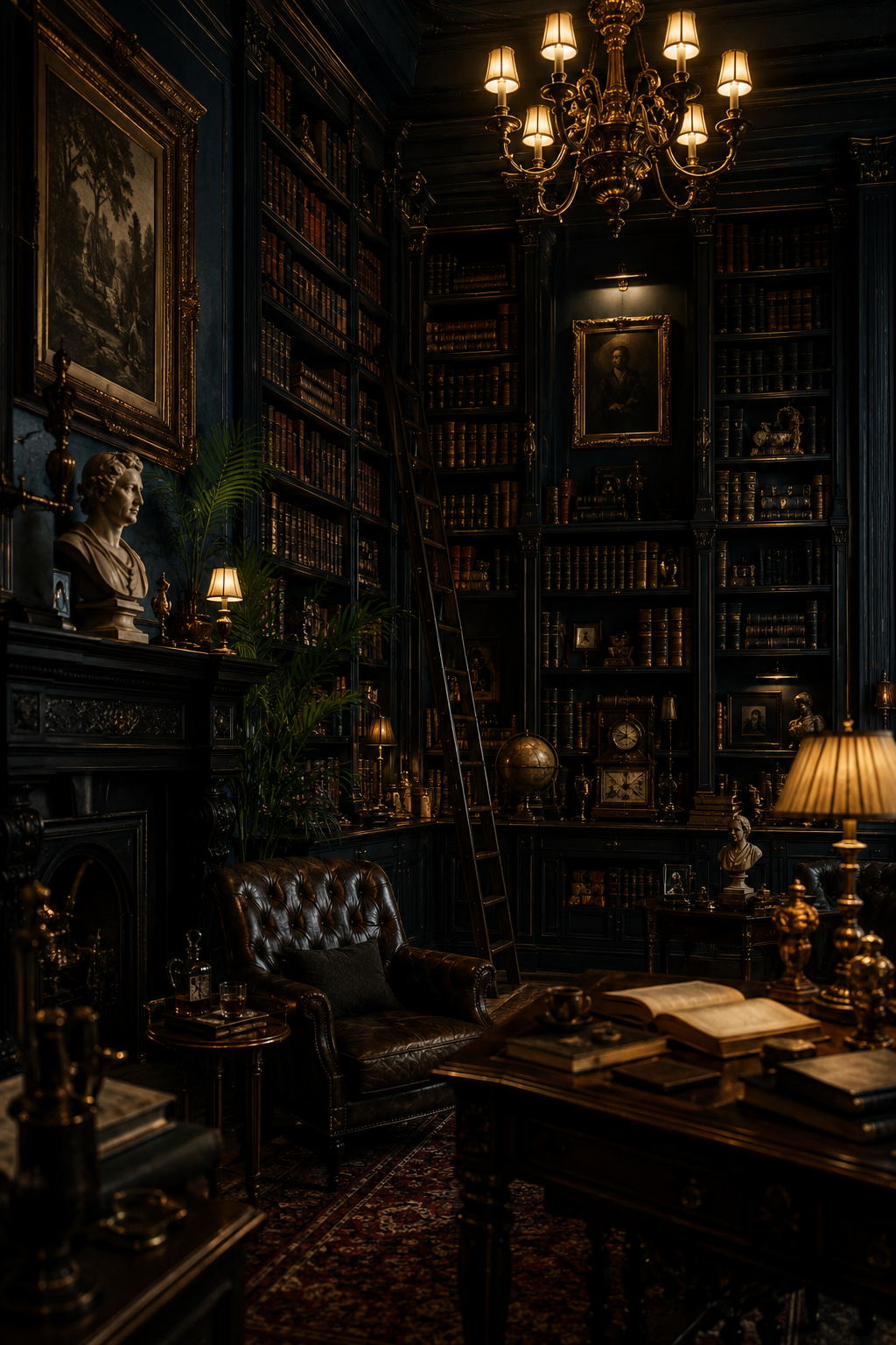 A moody dark academia home library, towering black wood bookshelves packed with