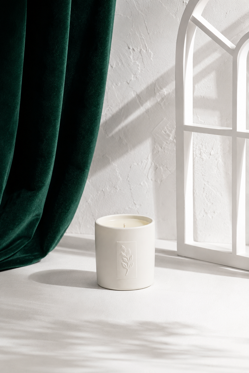 Minimal studio product photography, a small white candle centered on a white tab