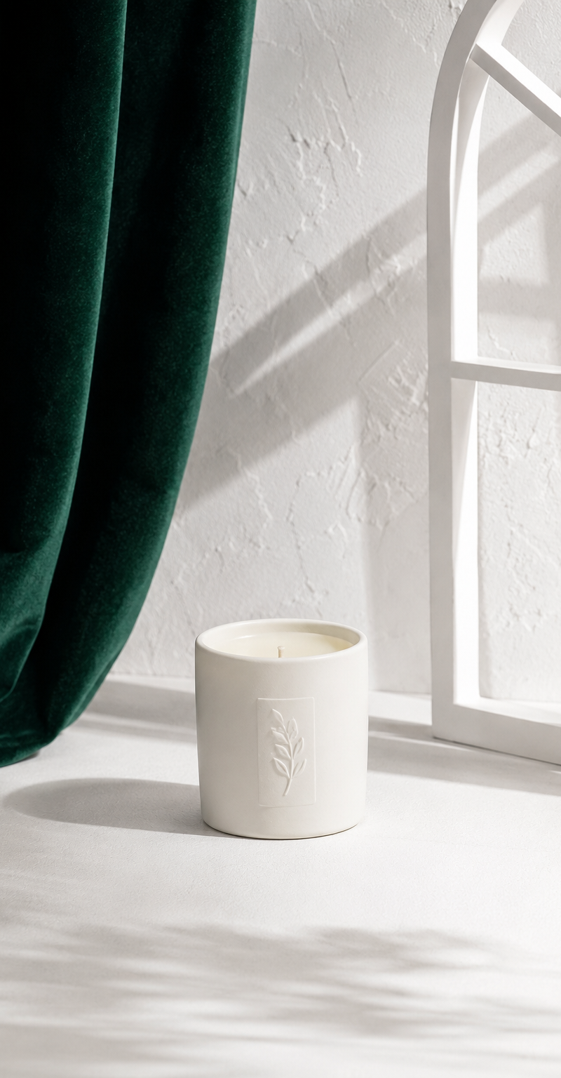 Minimal studio product photography, a small white candle centered on a white tab