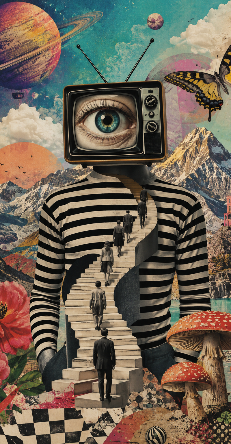 A surreal mixed-media collage dreamscape, a striped-shirt figure with a vintage 