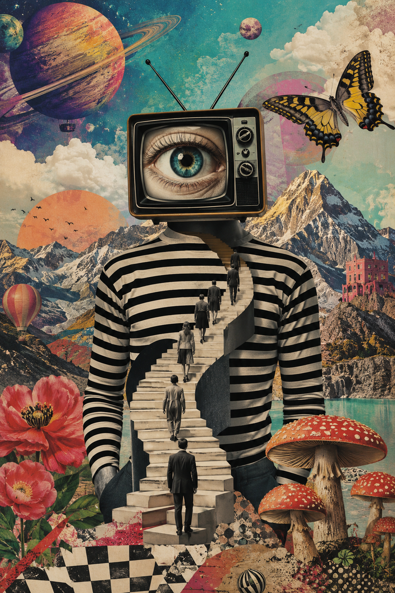 A surreal mixed-media collage dreamscape, a striped-shirt figure with a vintage