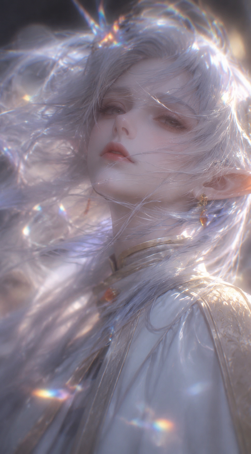 Reverse haze, diffused blur, soft focus, close-up shot of an ethereal and pure b