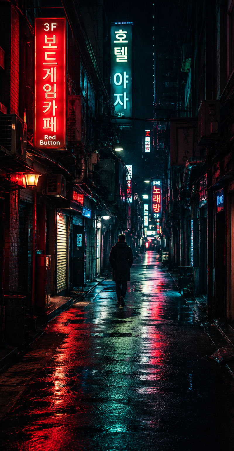 { "subject": { "description": "a lone pedestrian walking through a narrow neon-l