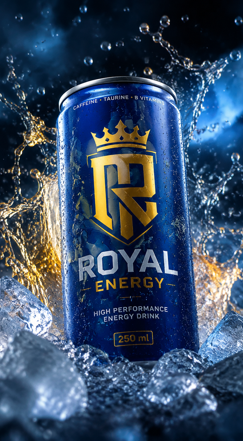A premium beverage can placed in a realistic cinematic environment with splashin