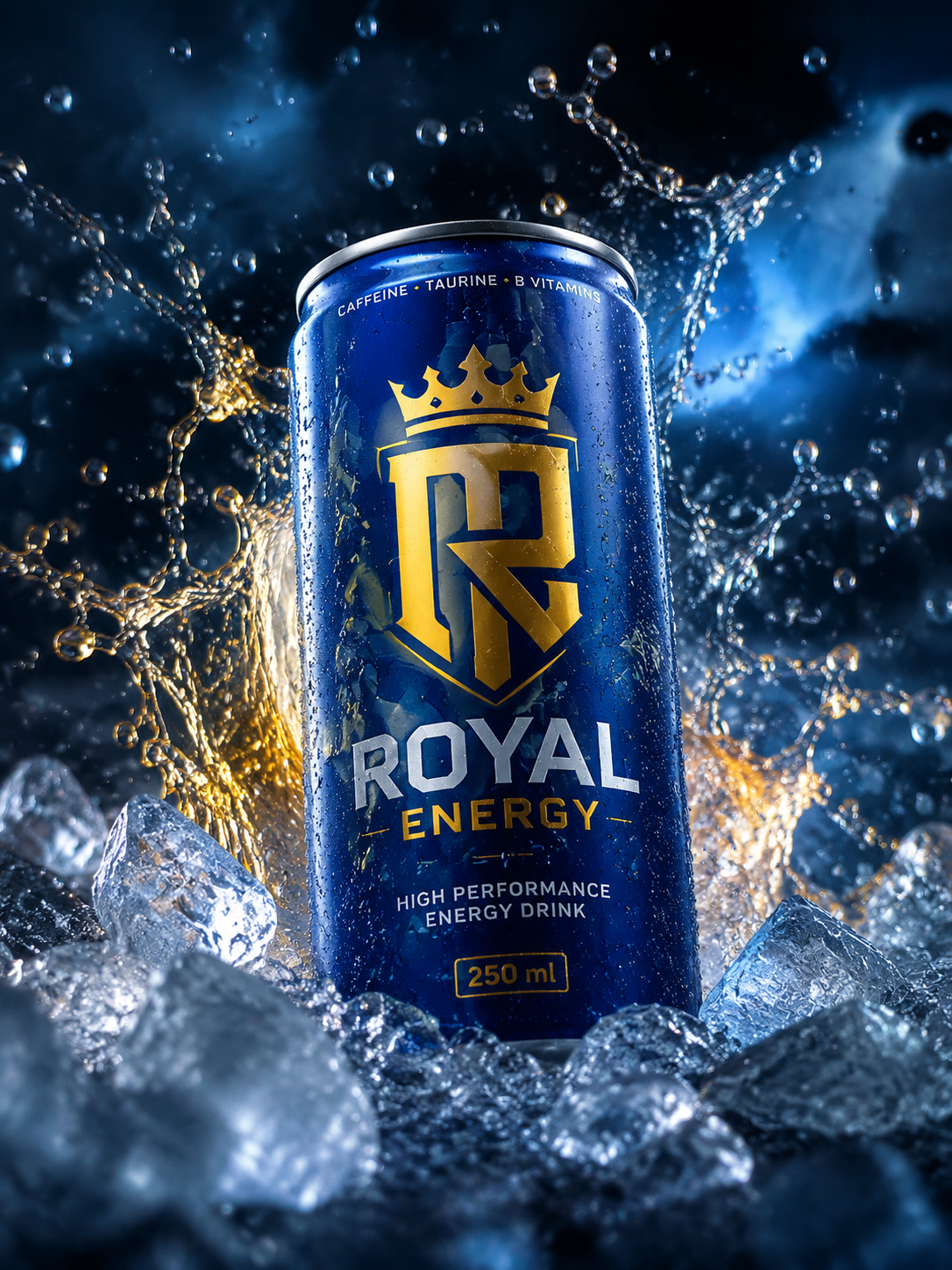 A premium beverage can placed in a realistic cinematic environment with splashin
