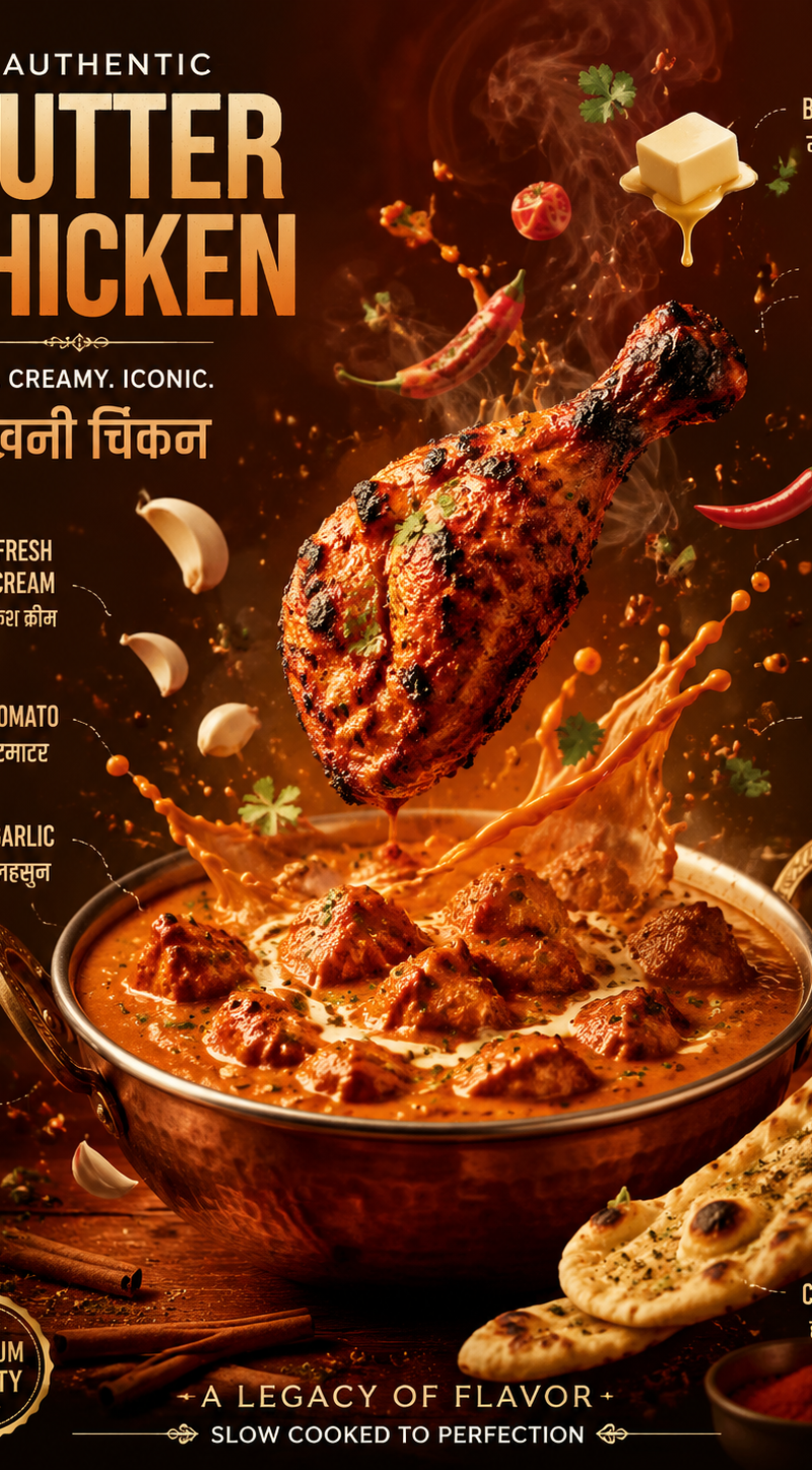 Cinematic Indian Butter Chicken Poster Ultra cinematic food advertisement poster