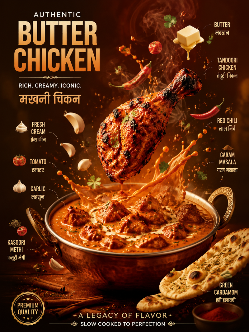 Cinematic Indian Butter Chicken Poster Ultra cinematic food advertisement poster