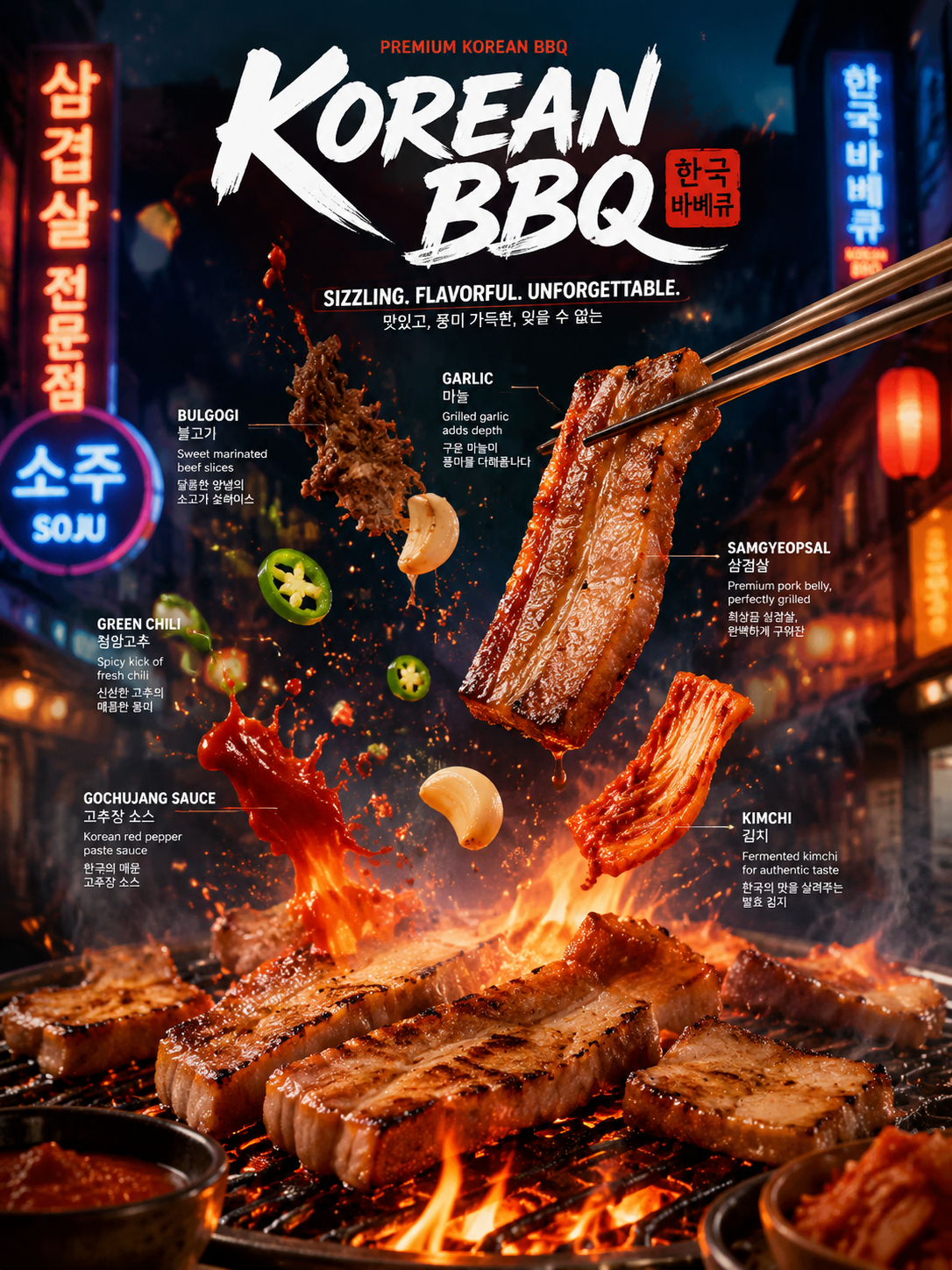 Epic Korean BBQ cinematic poster, sizzling samgyeopsal grilling over open flames