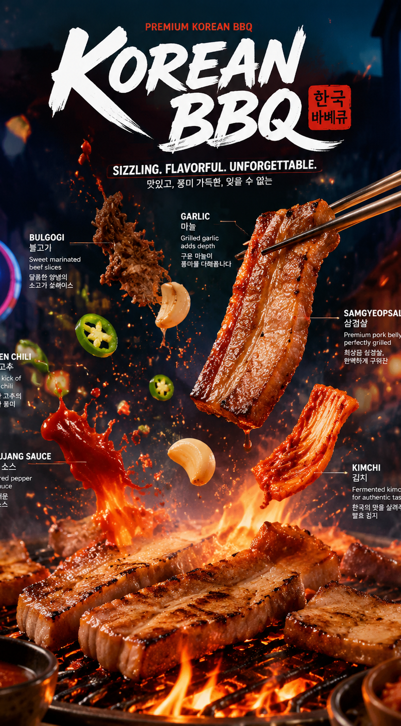 Epic Korean BBQ cinematic poster, sizzling samgyeopsal grilling over open flames