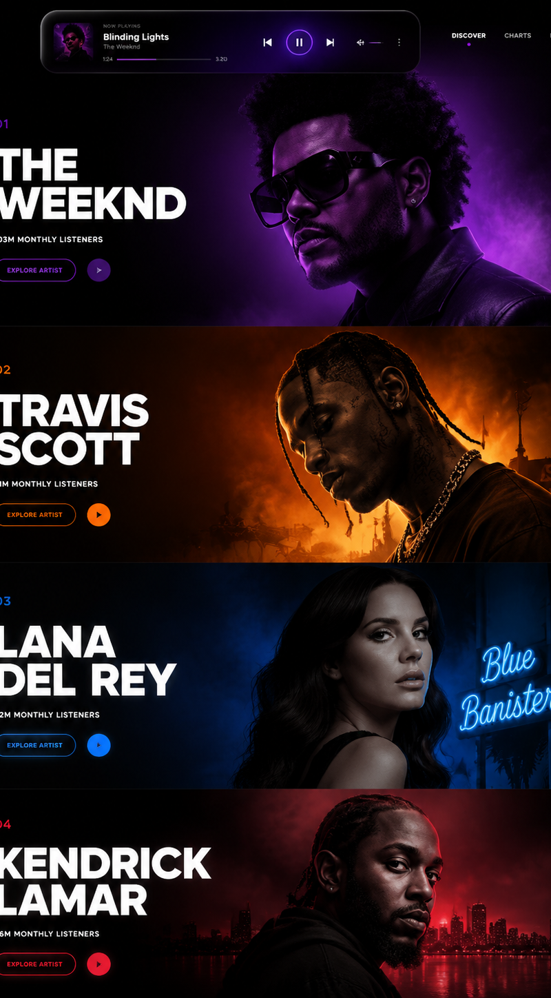 Avant-garde futuristic music streaming website UI, 4 stacked artist hero banners