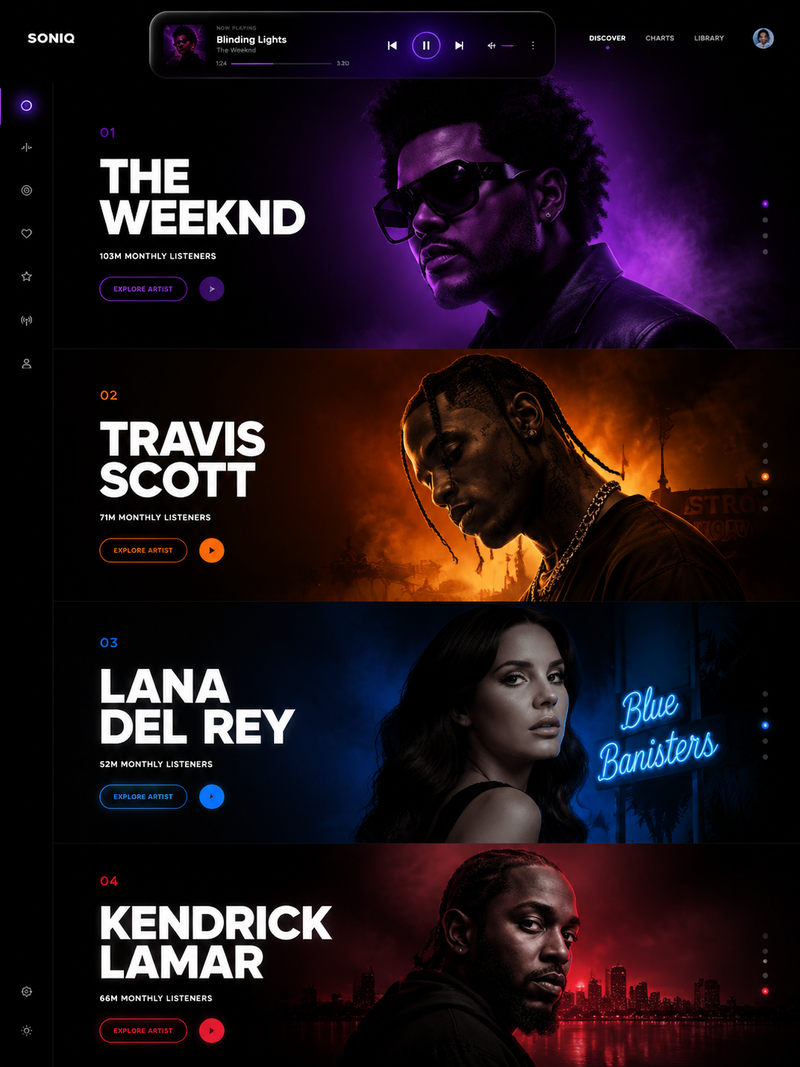 Avant-garde futuristic music streaming website UI, 4 stacked artist hero banners