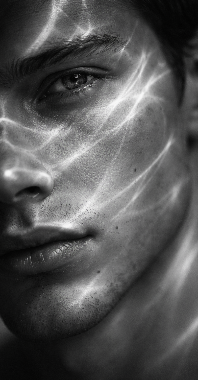 A hyperrealistic 8K black and white extreme close-up portrait of a young man's f