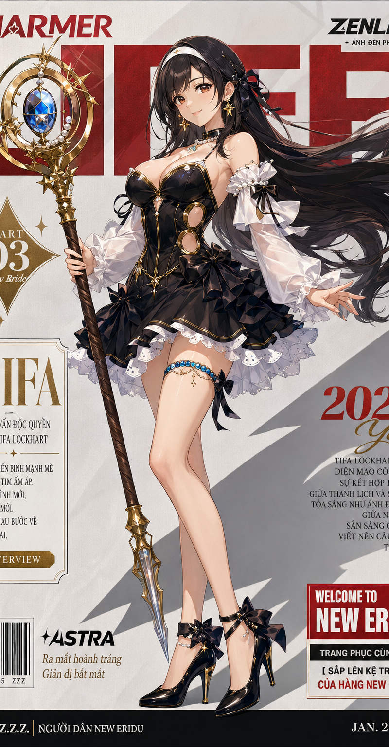 Vertical magazine cover in exact Zenless Zone Zero official art style, highly de
