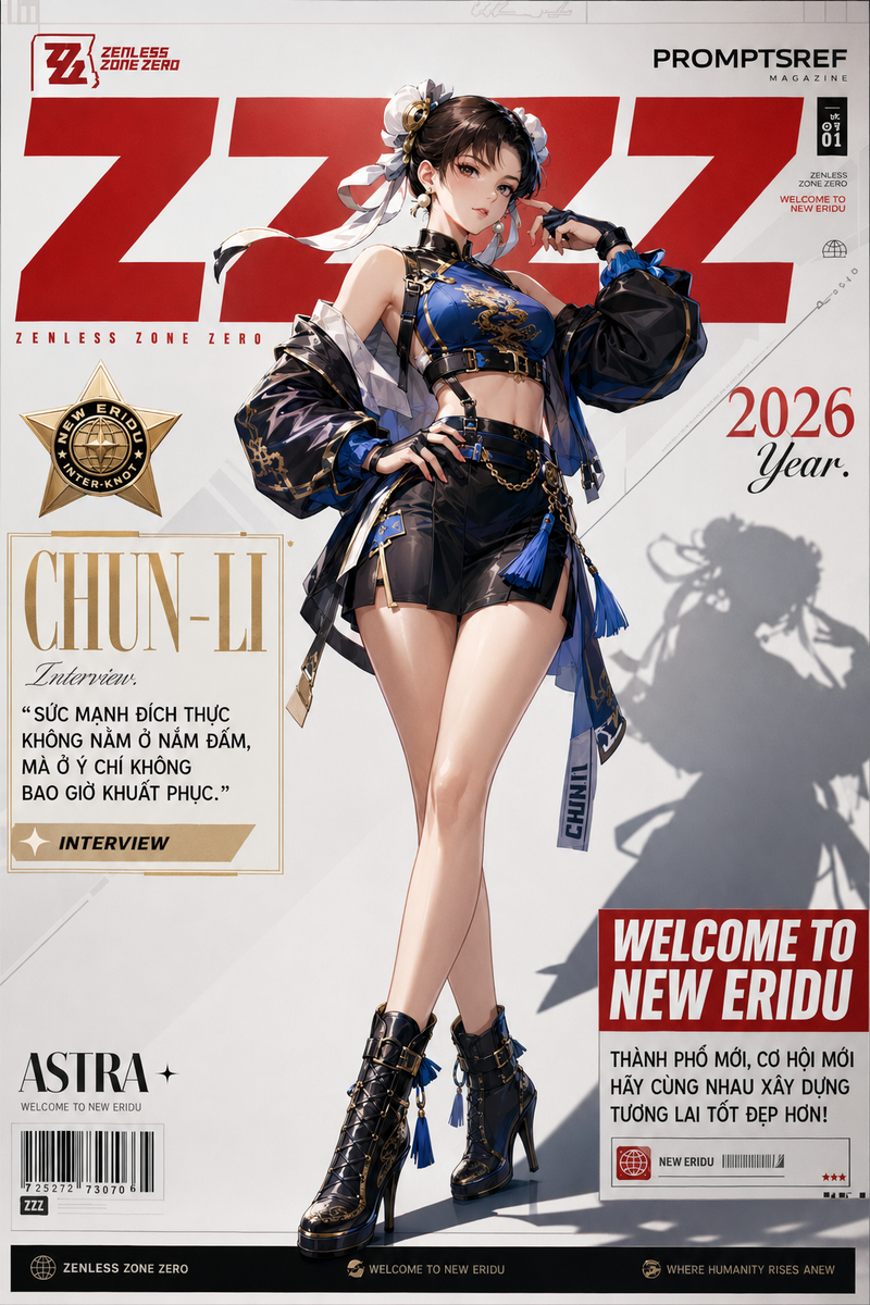 Vertical magazine cover in exact Zenless Zone Zero official art style, highly de
