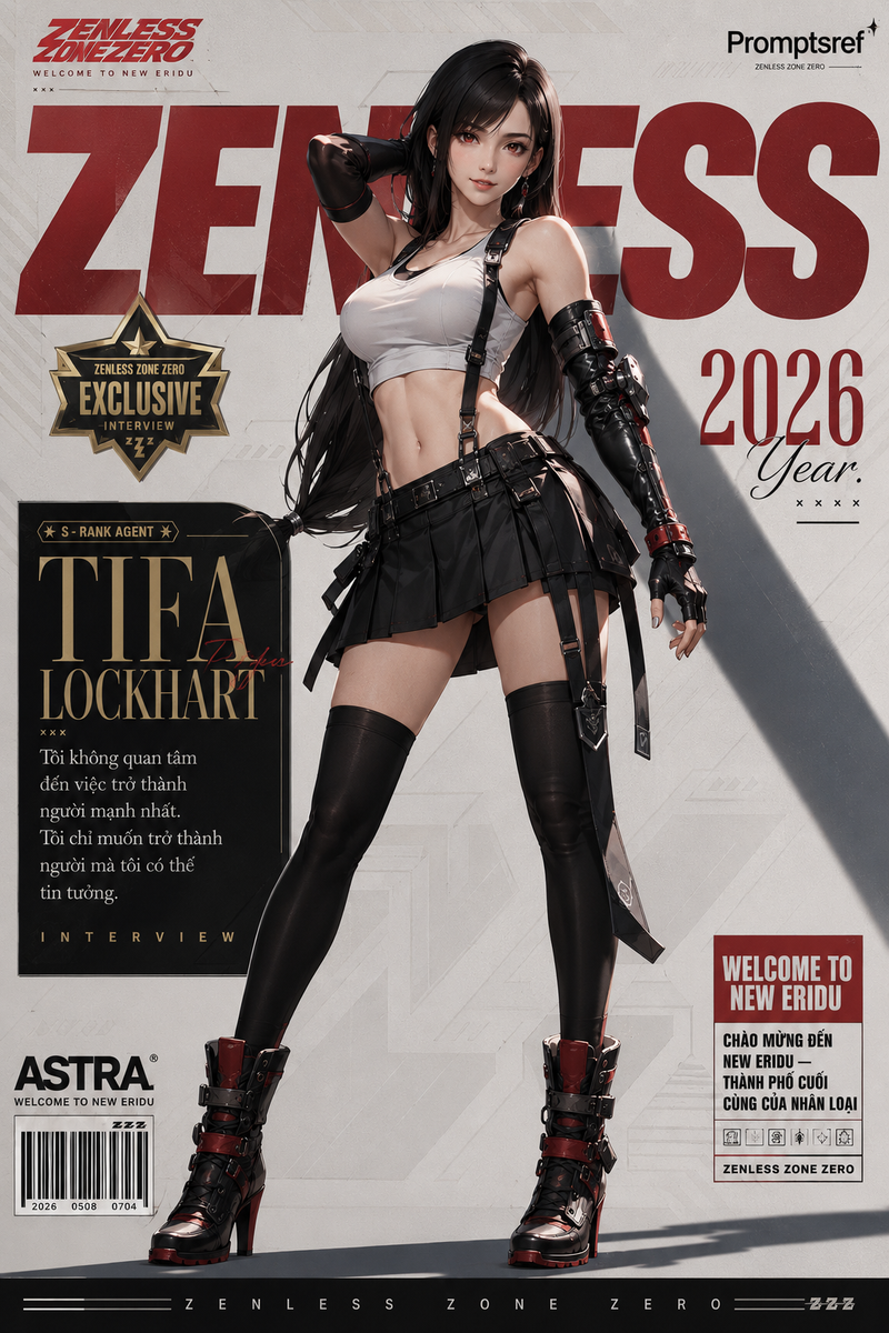 Vertical magazine cover in exact Zenless Zone Zero official art style, highly de