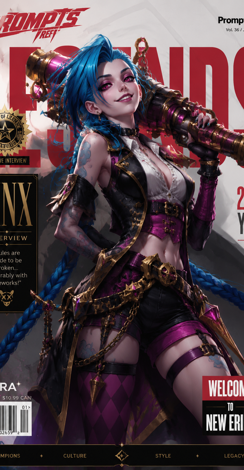 Vertical magazine cover, in the official League of Legends art style, highly det
