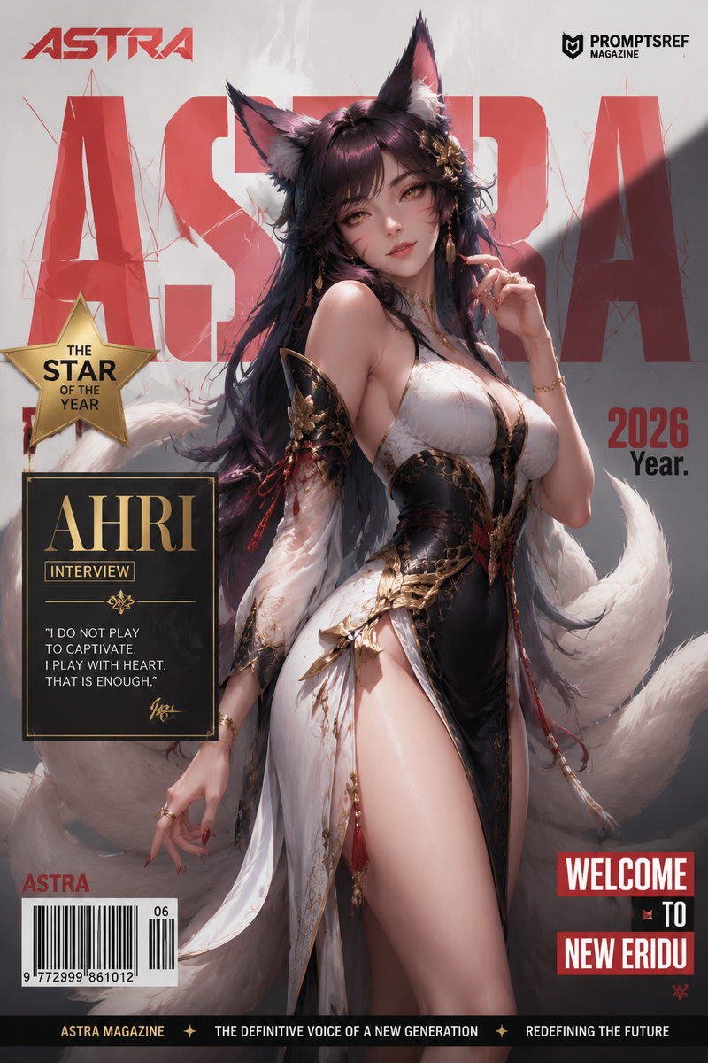 Vertical magazine cover, in the official League of Legends art style, highly det