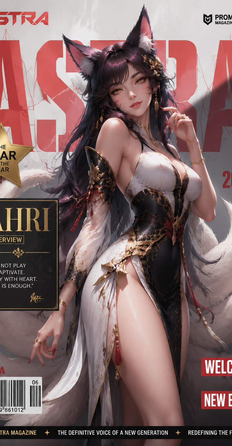 Vertical magazine cover, in the official League of Legends art style, highly det