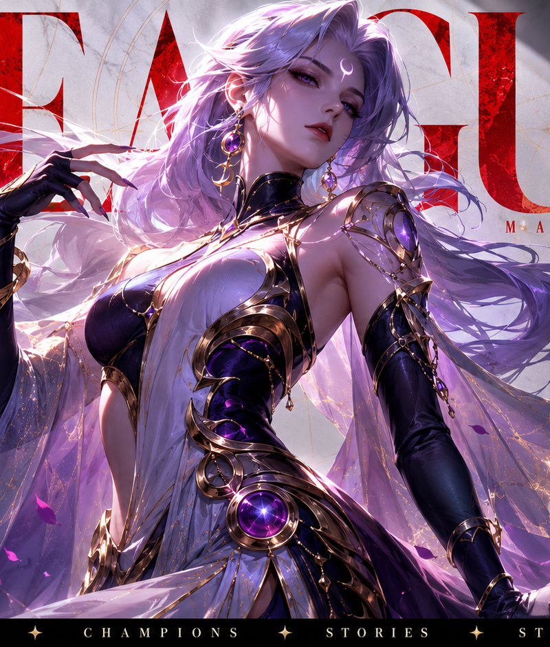 Vertical magazine cover, in the official League of Legends art style, highly det