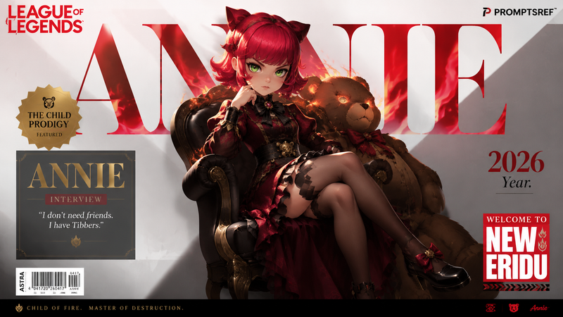Vertical magazine cover, in the official League of Legends art style, highly det