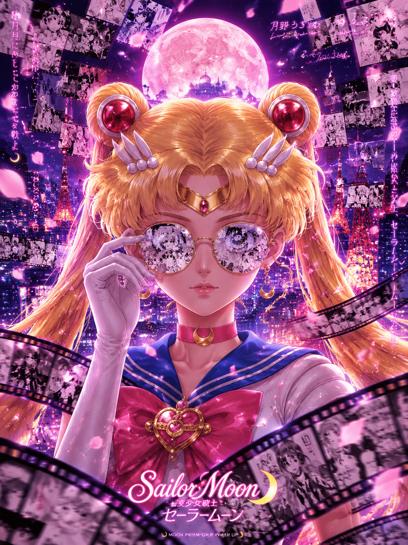 高细节《美少女战士》主题二次元海报，Sailor Moon（月野兔）作为主视觉角色，正面半身构图，金色双丸子长发，红色宝石发饰，佩戴圆形复古墨镜，冷静高贵表情，