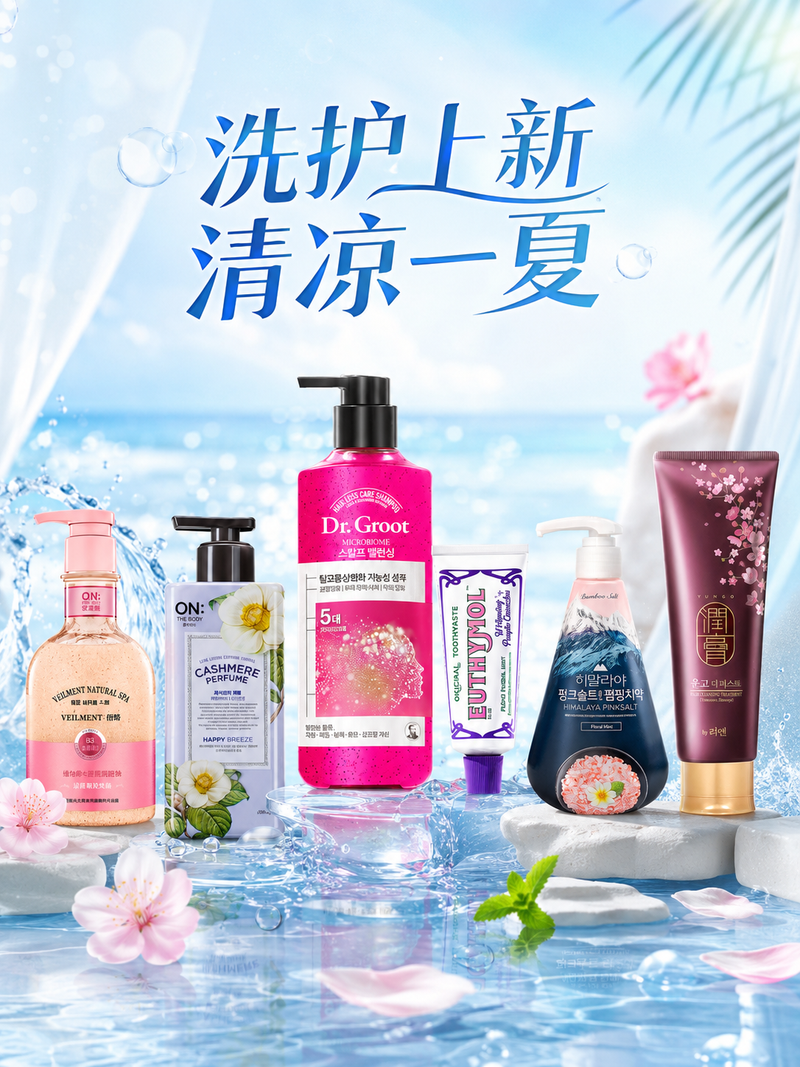 帮我给Lg的洗护产品设计一个kv,主标题是:“洗护上新 清凉一夏”,符合美妆的场景