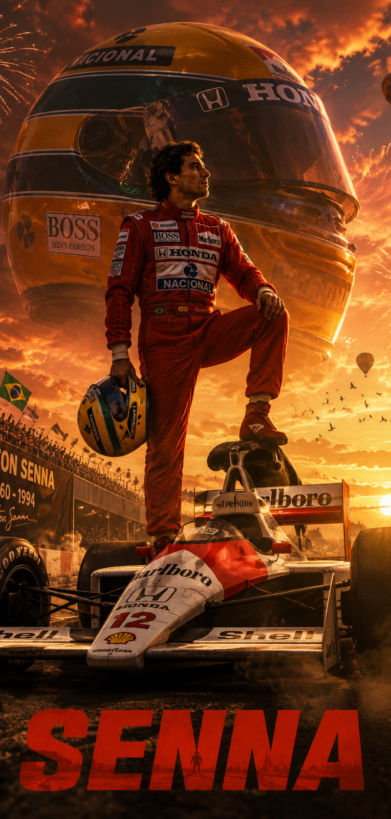 A cinematic vertical racing tribute poster, a Formula One driver in a red vintag
