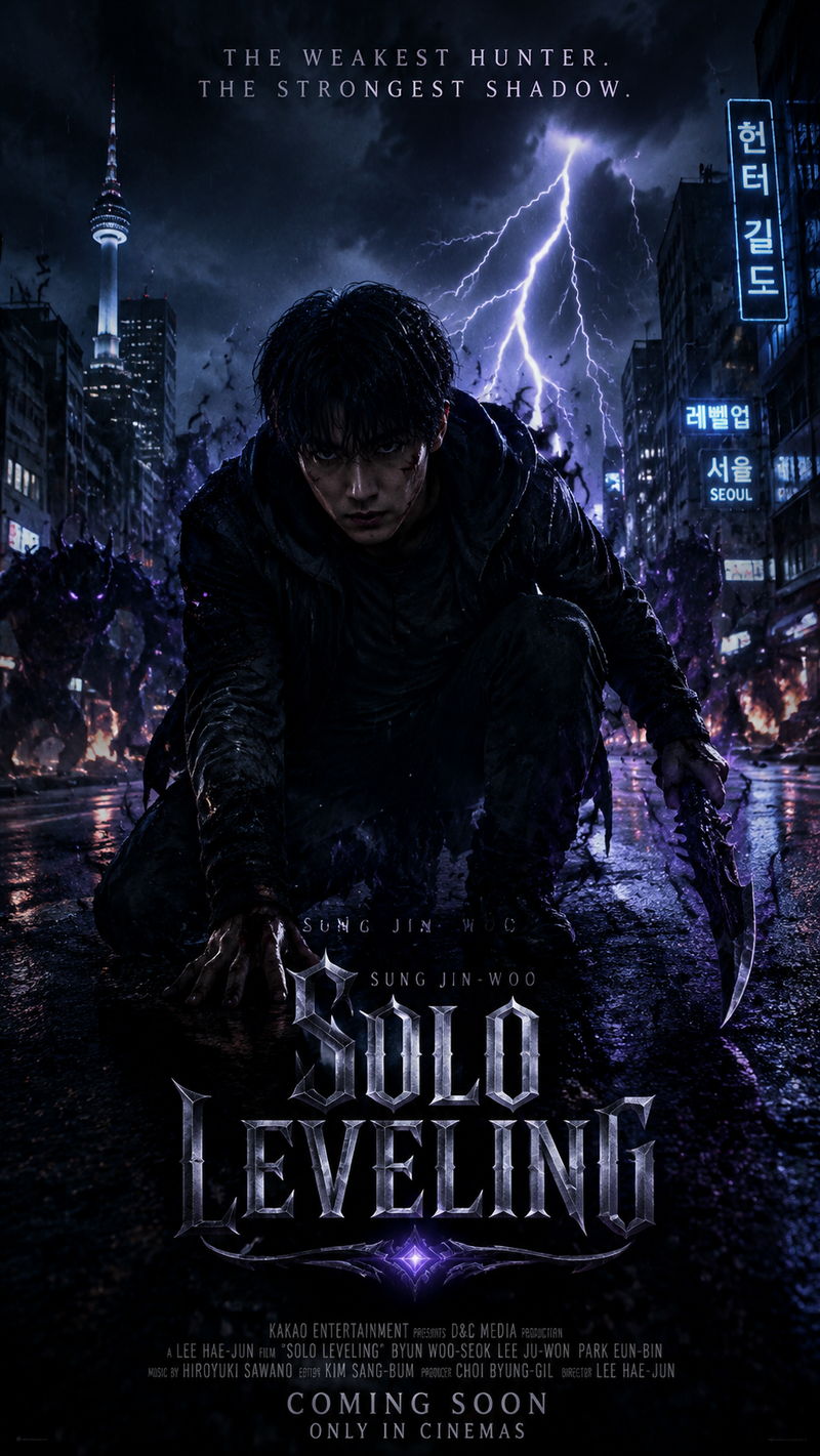 Epic live-action movie poster for Solo Leveling, featuring Sung Jin-Woo, a stoic
