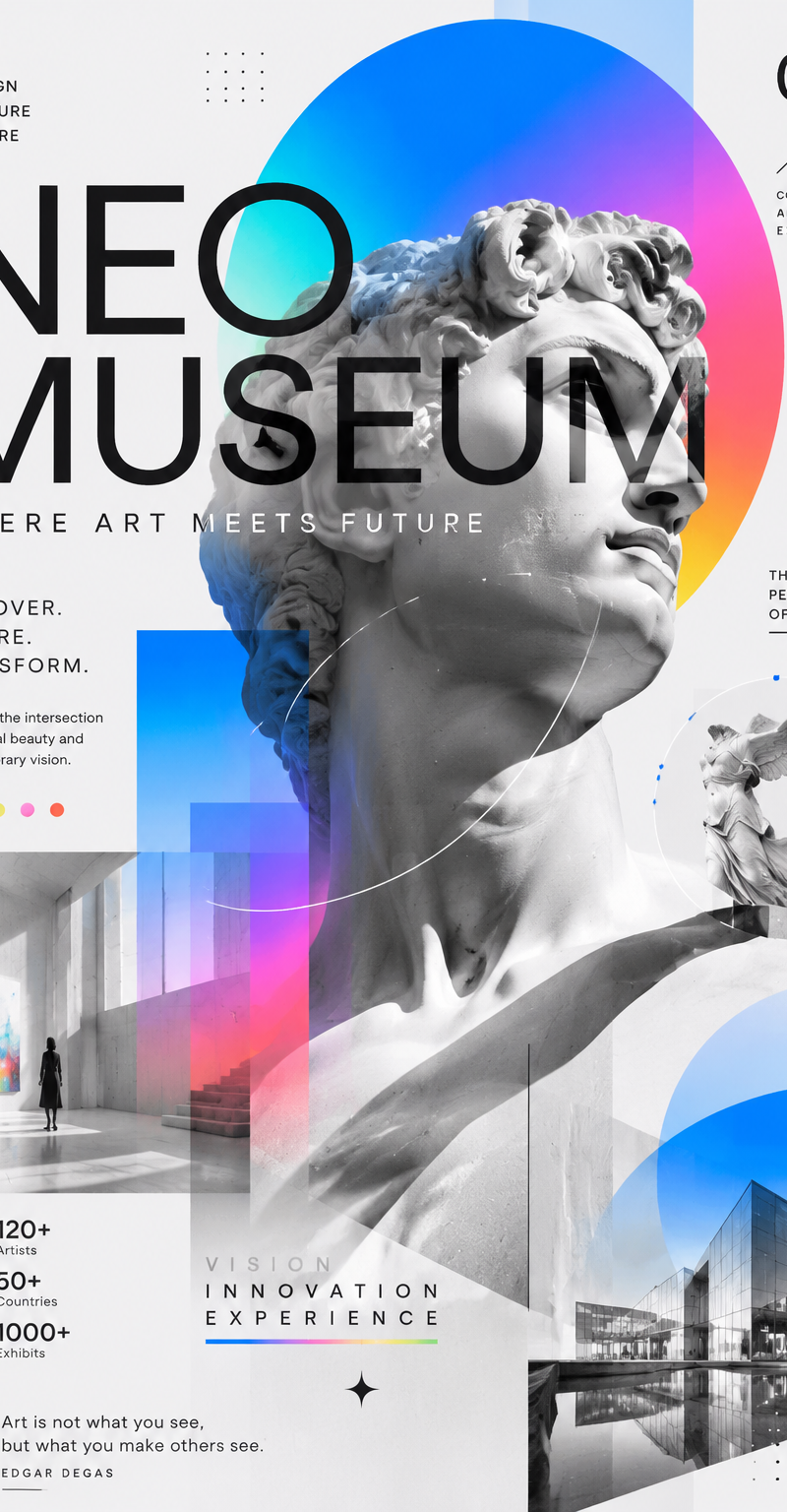 Design Style: Name: "Neo Museum" Concept: > 現代美術館の展示ビジュアル、 デザインカンファレンス、 テクノロジーアー