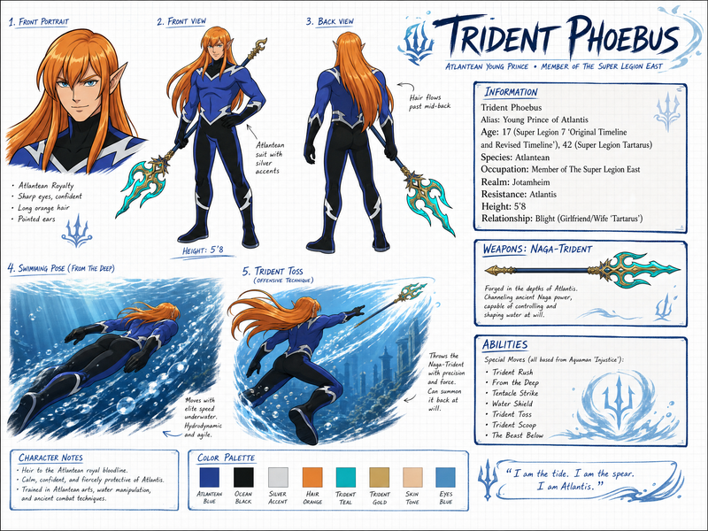 Create a wide, horizontal character reference sheet featuring Trident (see refer