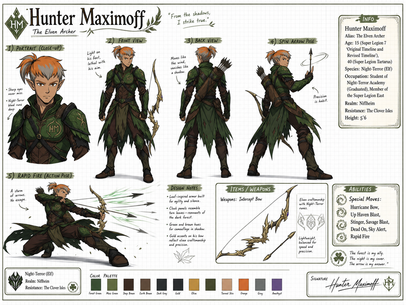 Create a wide, horizontal character reference sheet featuring Hunter (see refere