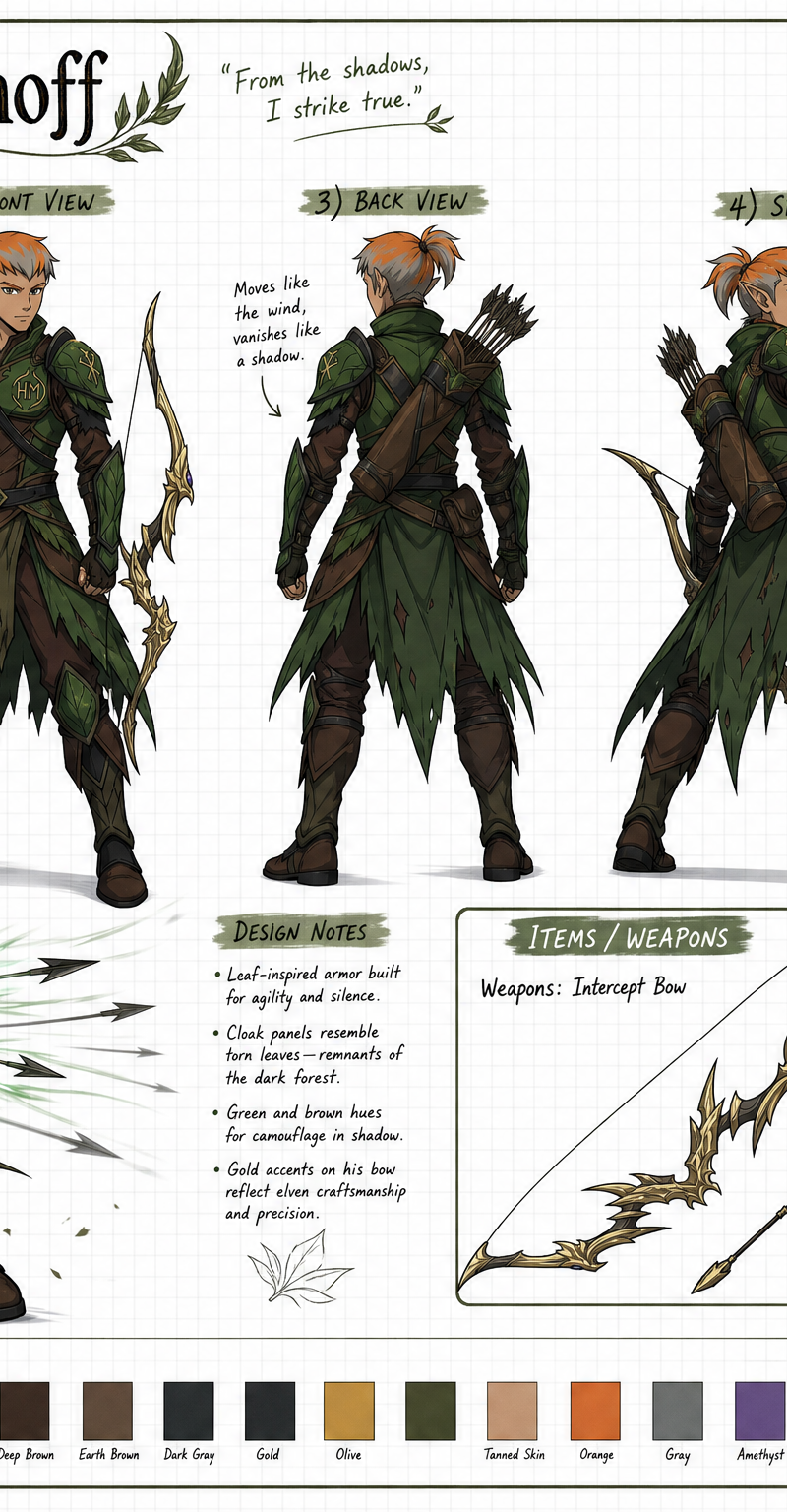 Create a wide, horizontal character reference sheet featuring Hunter (see refere