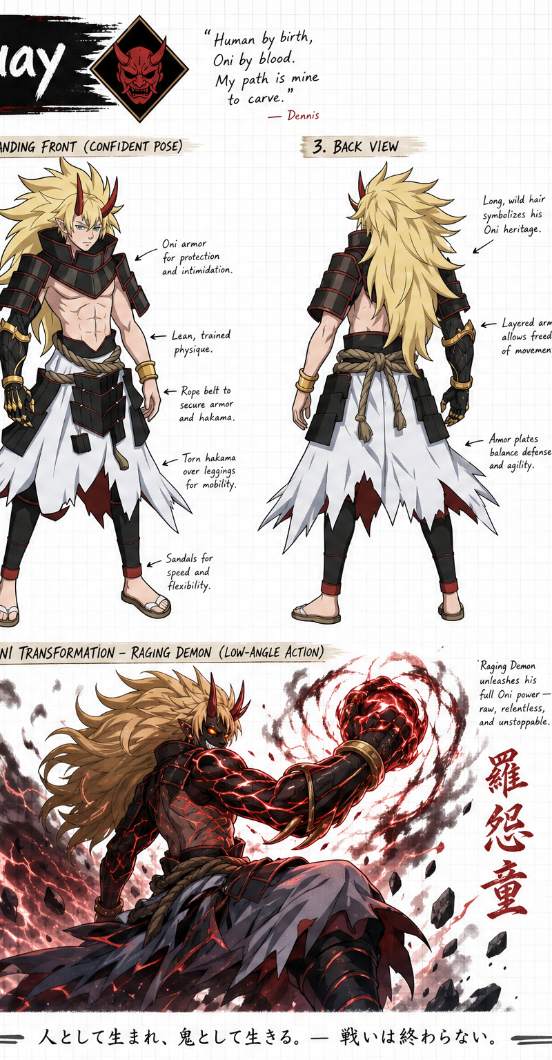 Create a wide, horizontal character reference sheet featuring Dennis (see refere