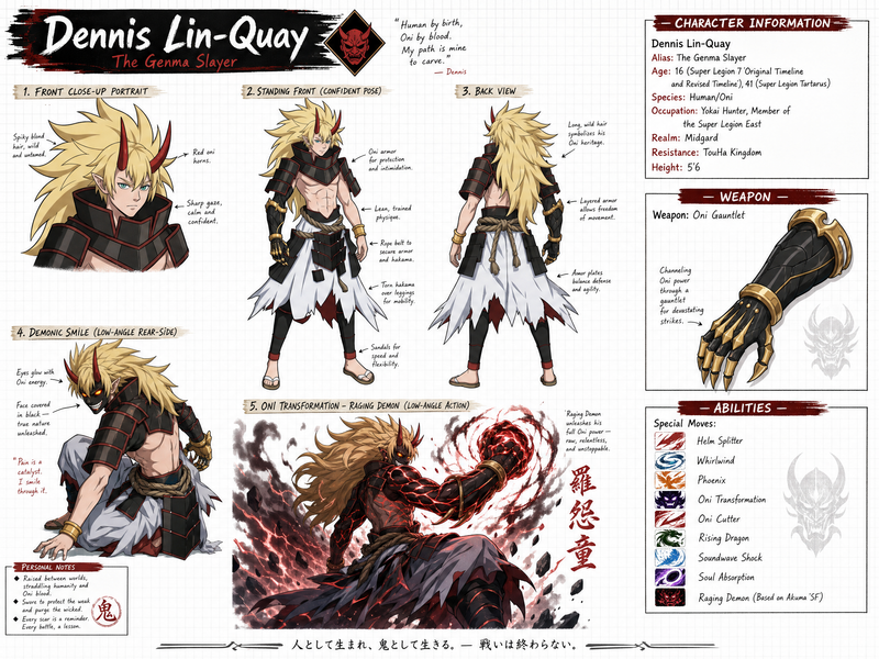 Create a wide, horizontal character reference sheet featuring Dennis (see refere