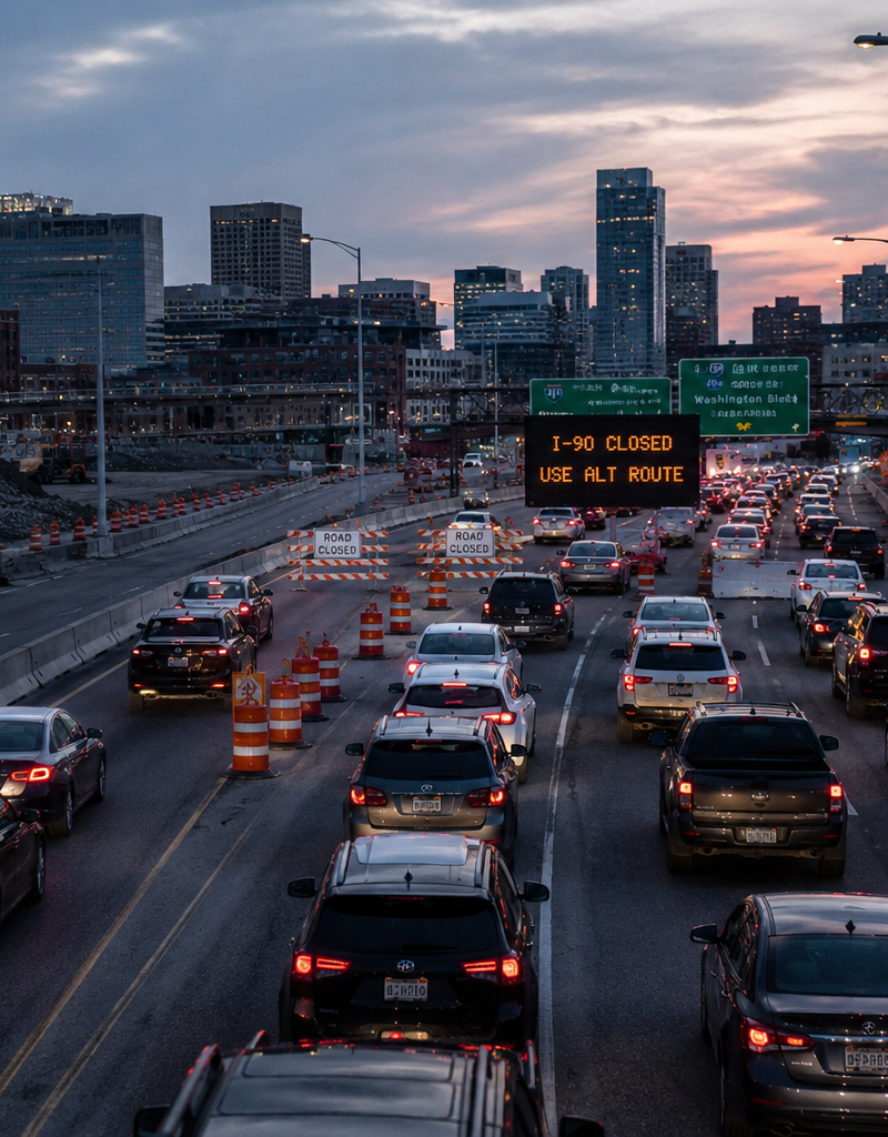 Large realistic highway closure in a modern city while navigation systems and tr