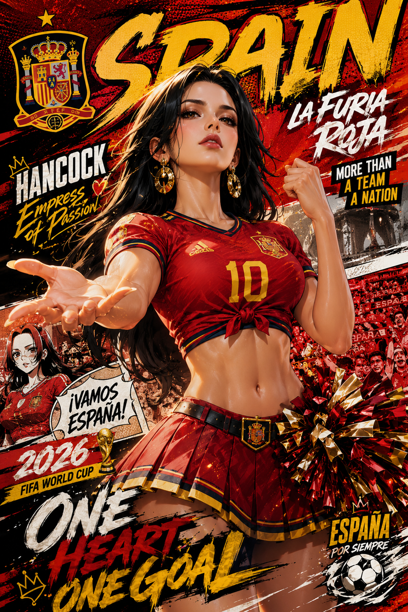 以现代Comic Book 2026年世界杯风格制作一张高影响力的肖像海报，人物为海贼王女帝汉库克，啦啦队服装，人物具有真实感，采用当代体育漫画美学设计，感觉充