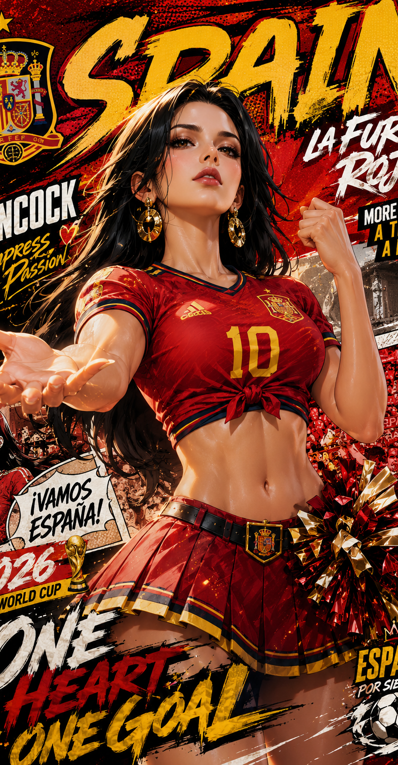 以现代Comic Book 2026年世界杯风格制作一张高影响力的肖像海报，人物为海贼王女帝汉库克，啦啦队服装，人物具有真实感，采用当代体育漫画美学设计，感觉充