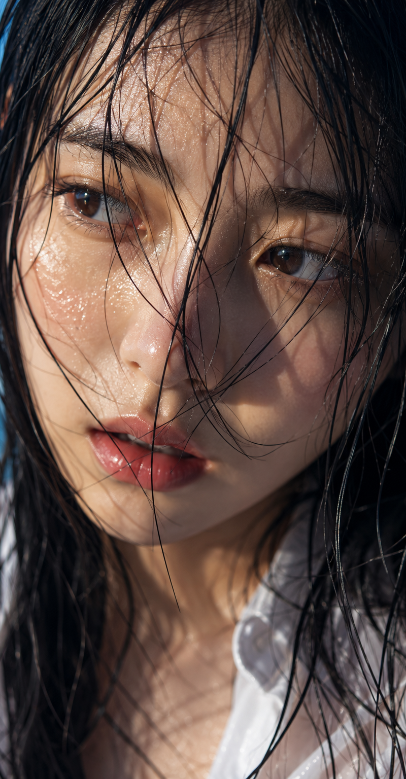 Extreme close-up cinematic photorealistic portrait of a beautiful young East Asi